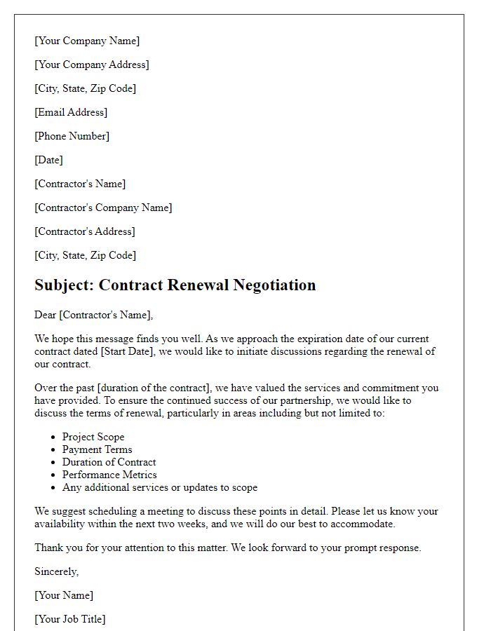 Letter template of contractor contract renewal for negotiation of terms