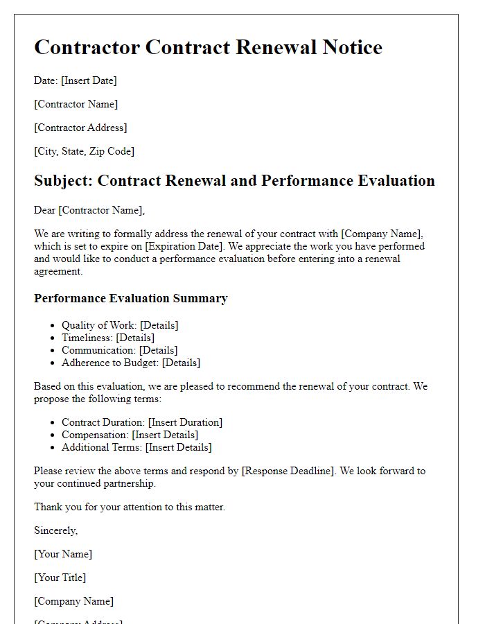 Letter template of contractor contract renewal with performance evaluation