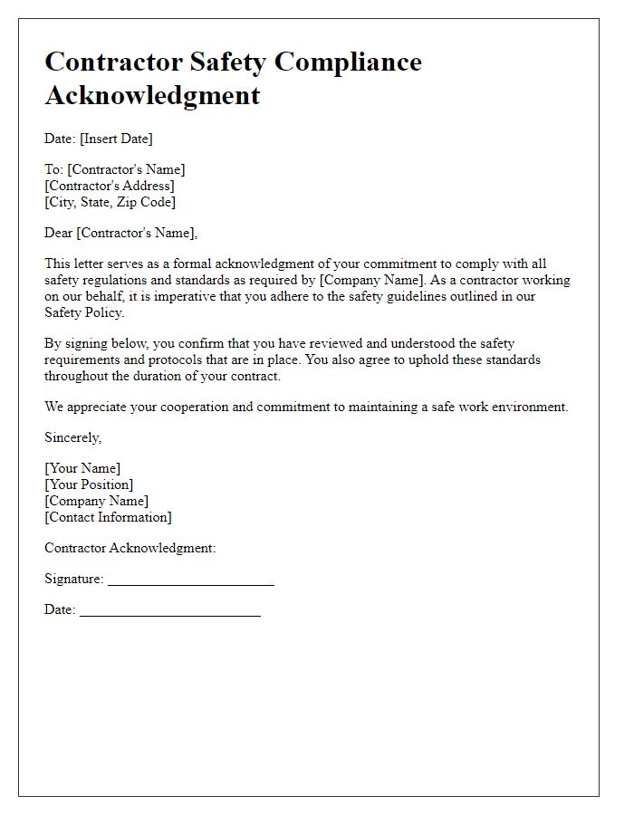 Letter template of contractor safety compliance acknowledgment