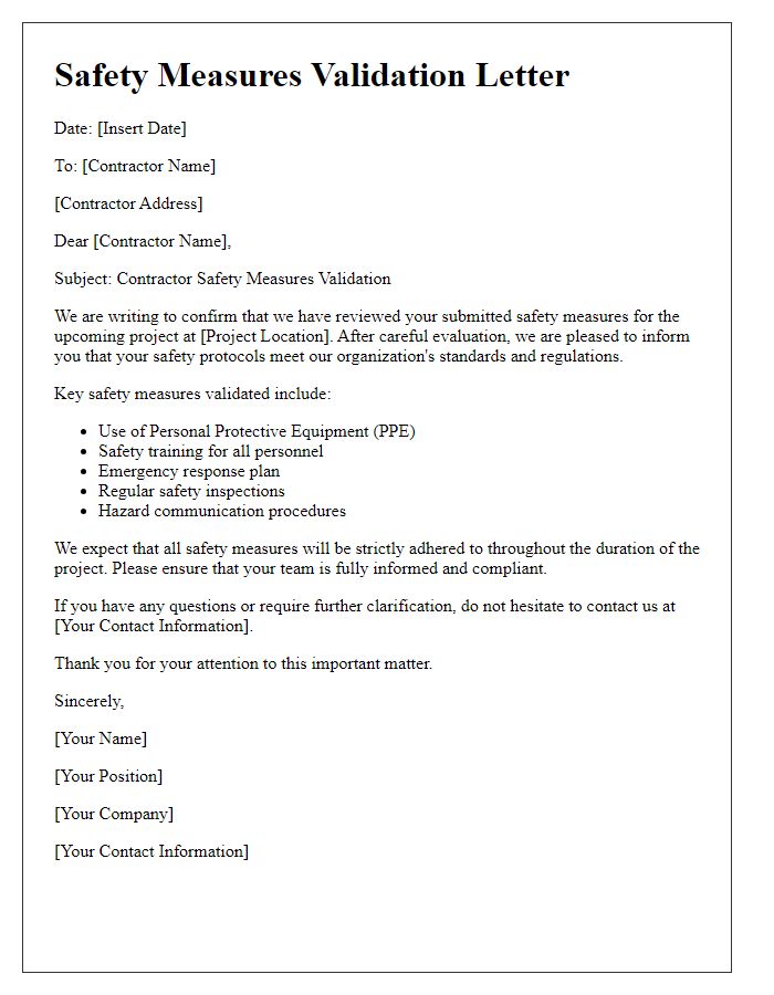 Letter template of contractor safety measures validation