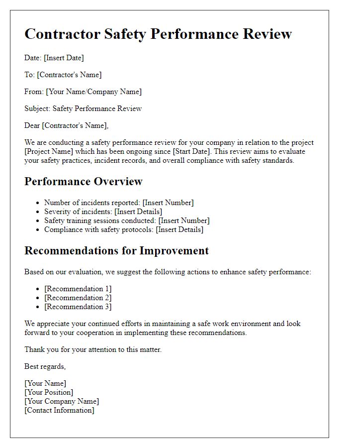 Letter template of contractor safety performance review