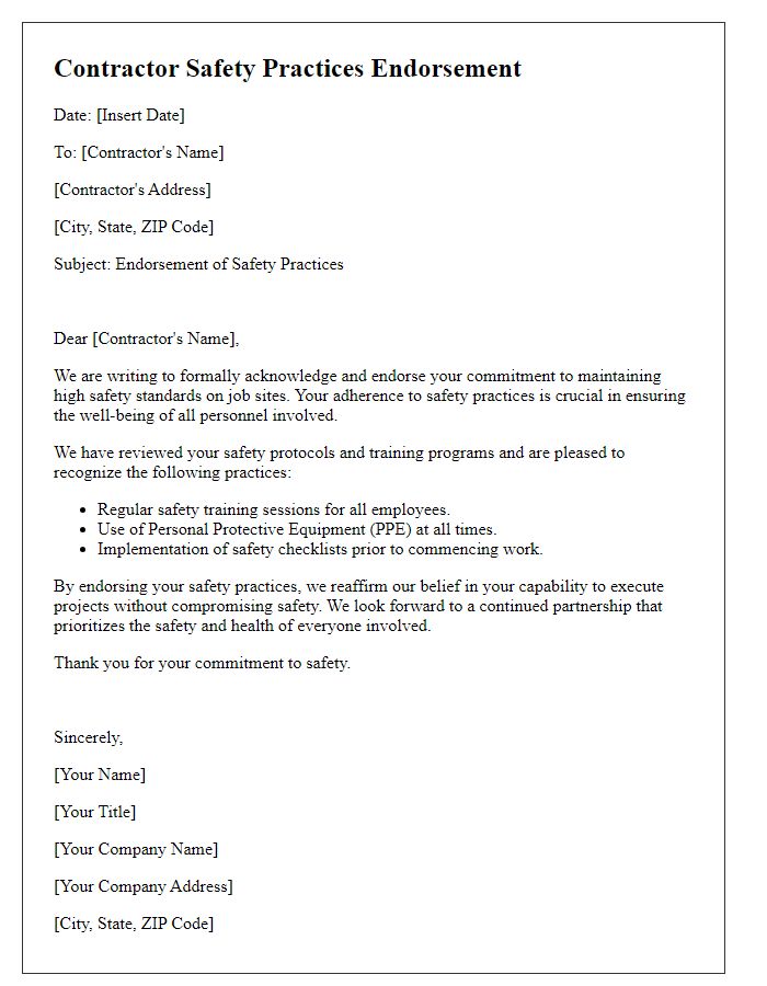 Letter template of contractor safety practices endorsement