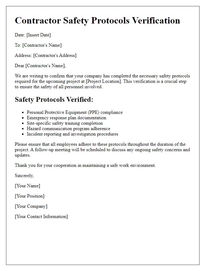 Letter template of contractor safety protocols verification