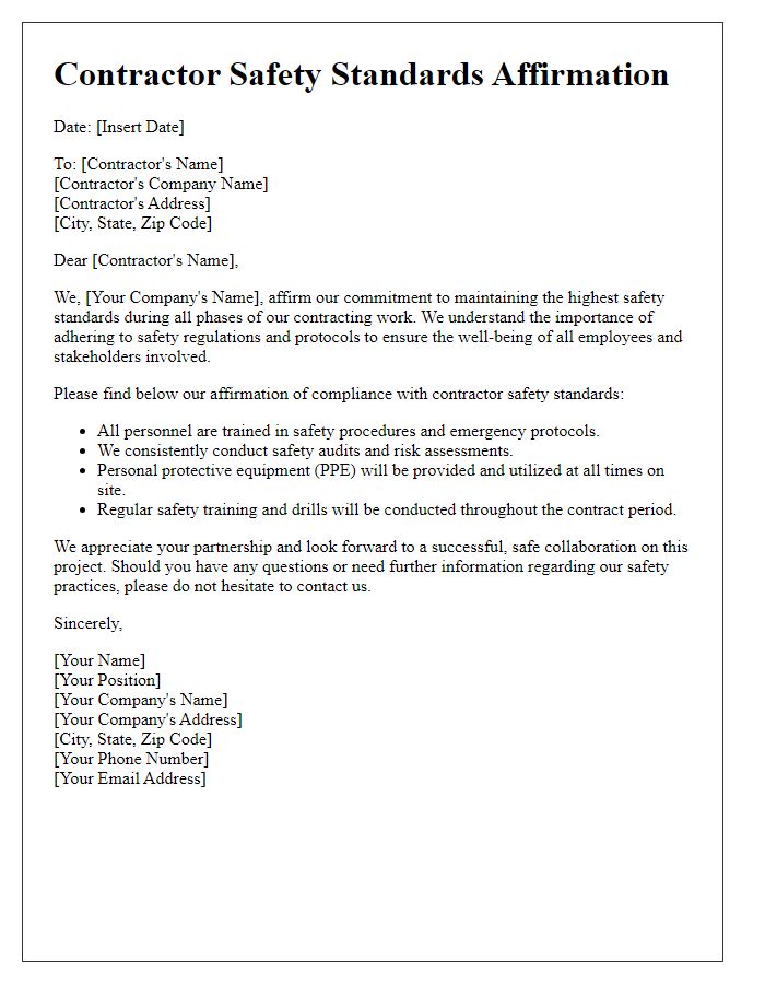 Letter template of contractor safety standards affirmation