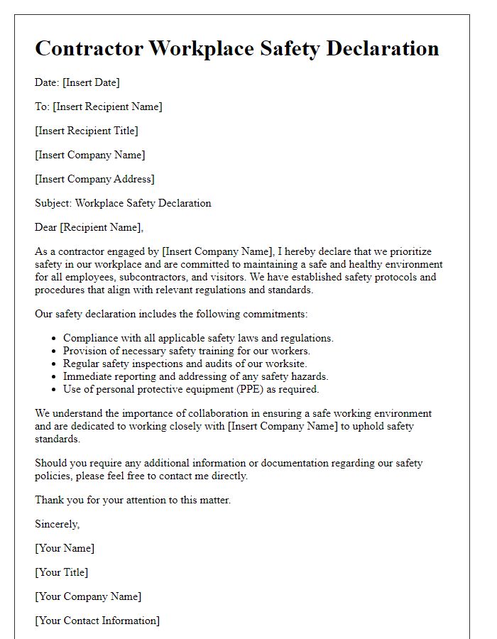 Letter template of contractor workplace safety declaration