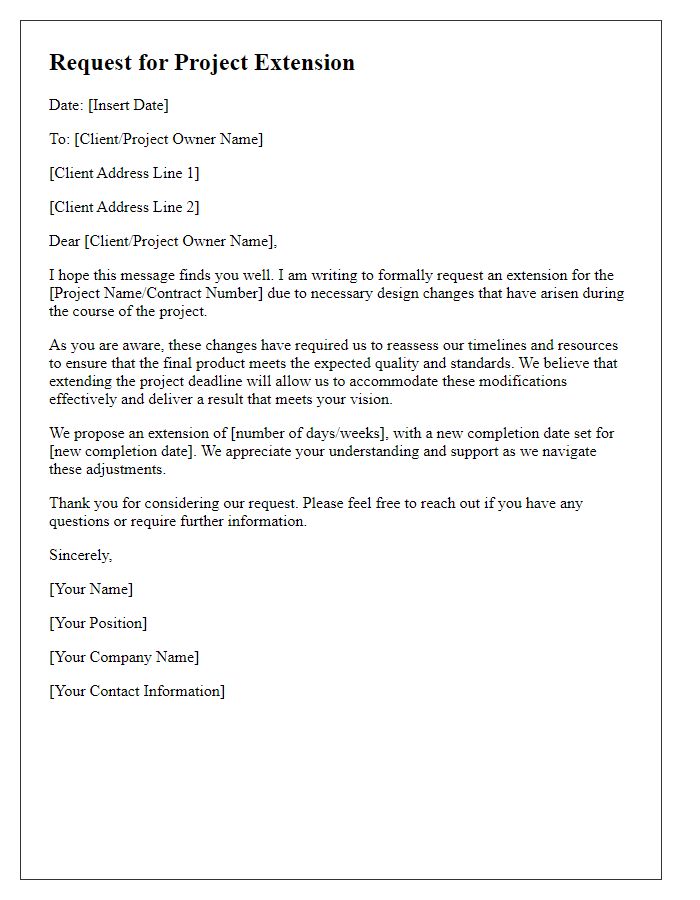 Letter template of contractor project extension request to accommodate design changes.