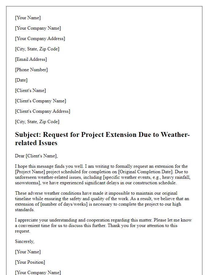 Letter template of contractor project extension request citing weather-related issues.