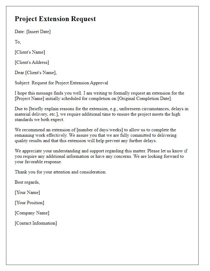 Letter template of contractor project extension request for client approval.