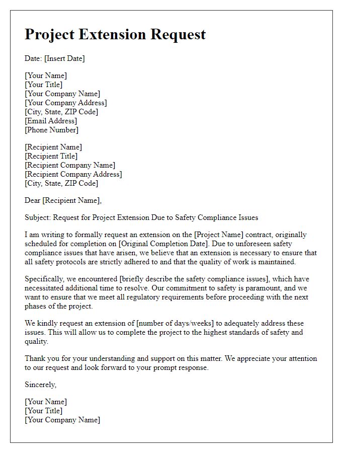 Letter template of contractor project extension request for safety compliance issues.