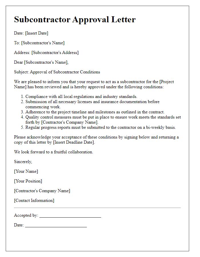 Letter template of contractor subcontractor approval conditions