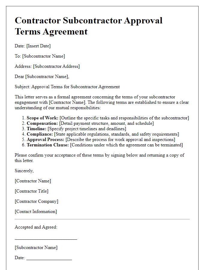 Letter template of contractor subcontractor approval terms agreement