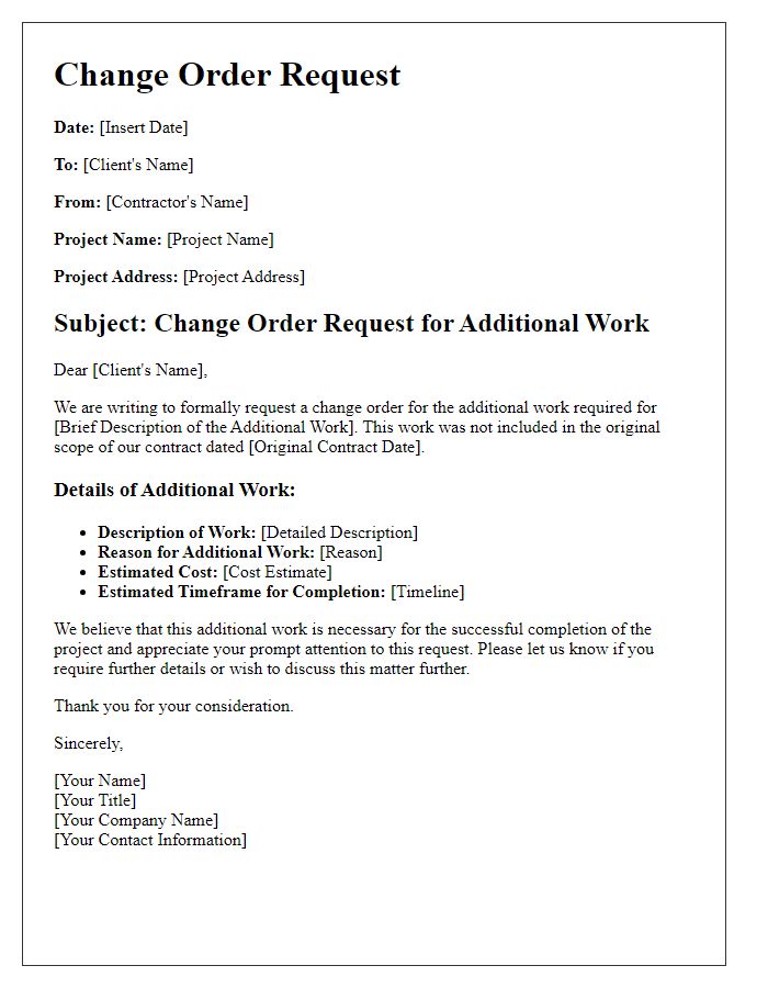 Letter template of contractor change order request for additional work.