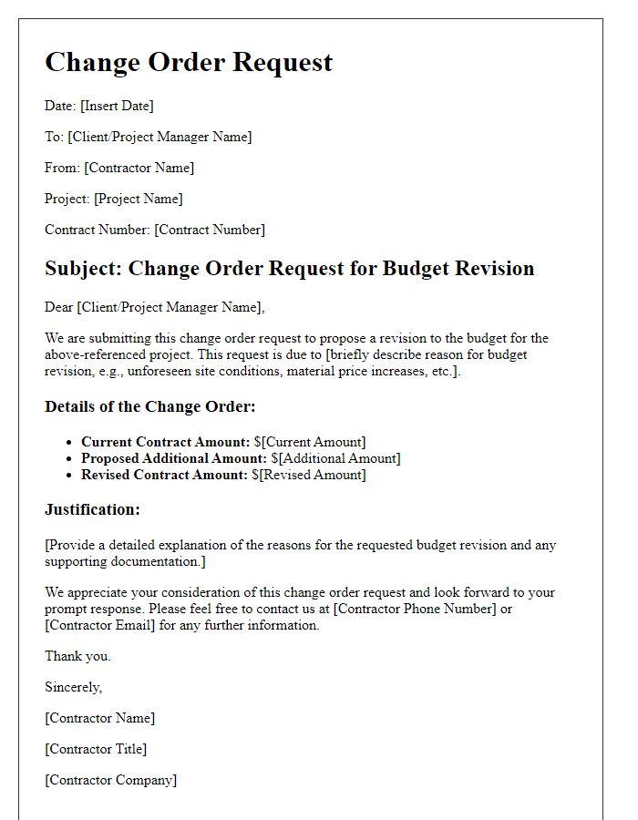 Letter template of contractor change order request for budget revision.