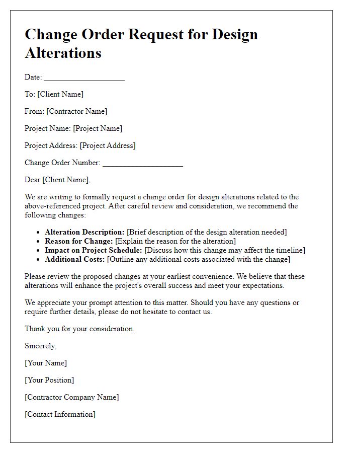 Letter template of contractor change order request for design alterations.