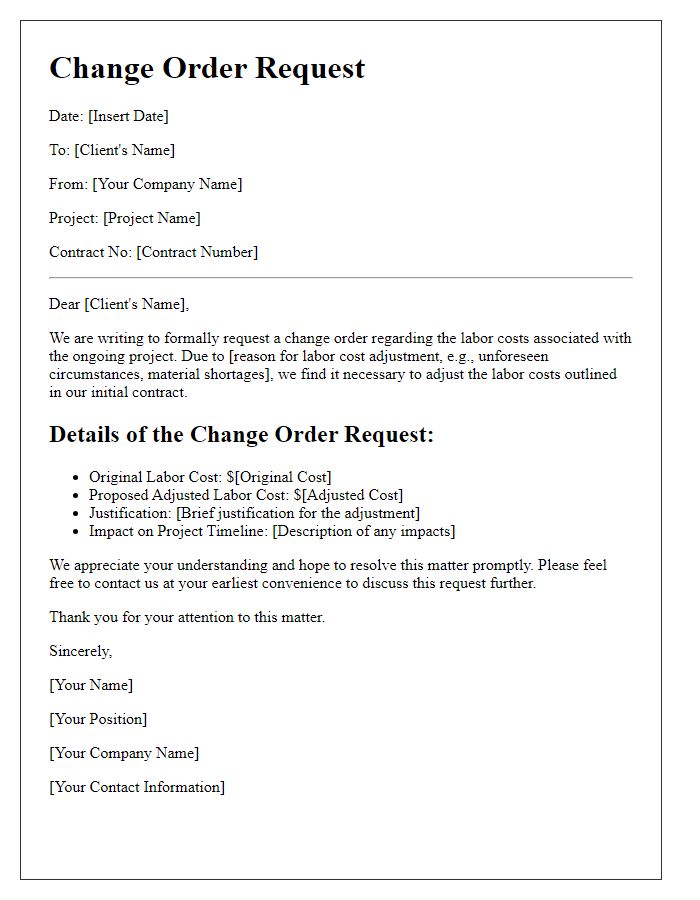 Letter template of contractor change order request for labor cost adjustment.