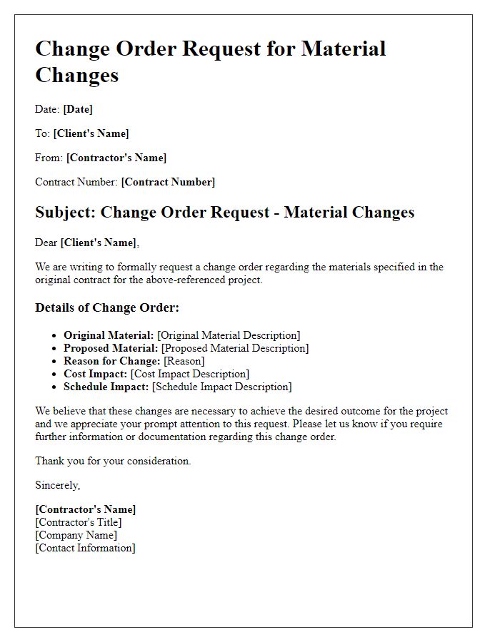 Letter template of contractor change order request for material changes.