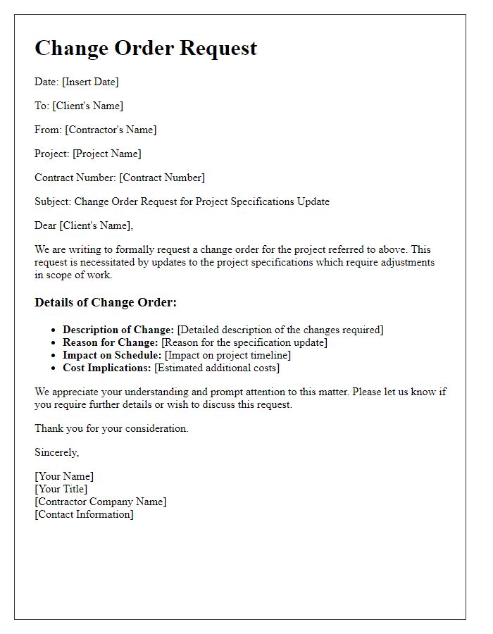 Letter template of contractor change order request for project specifications update.