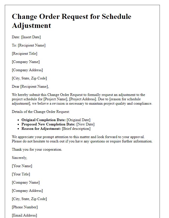 Letter template of contractor change order request for schedule adjustment.