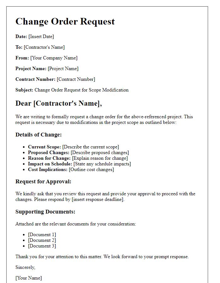 Letter template of contractor change order request for scope modification.