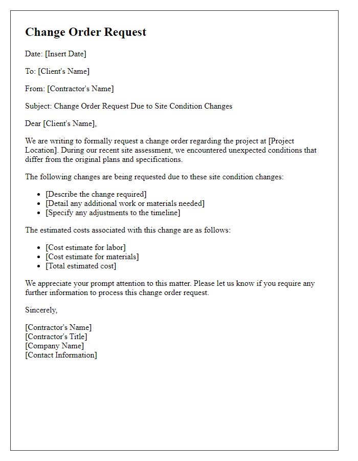 Letter template of contractor change order request for site condition changes.