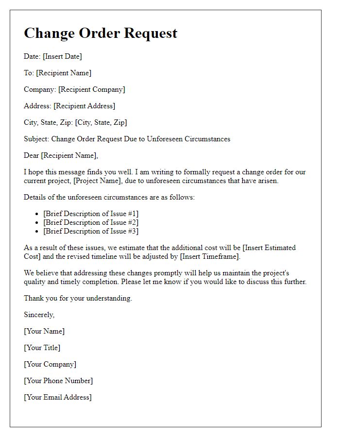 Letter template of contractor change order request for unforeseen circumstances.