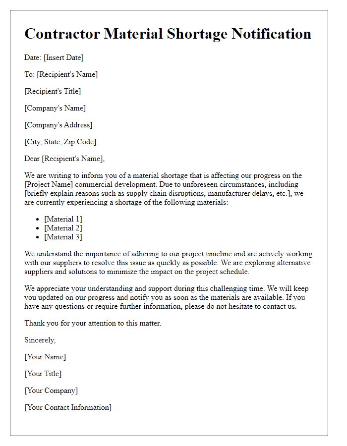 Letter template of contractor material shortage notification for commercial developments