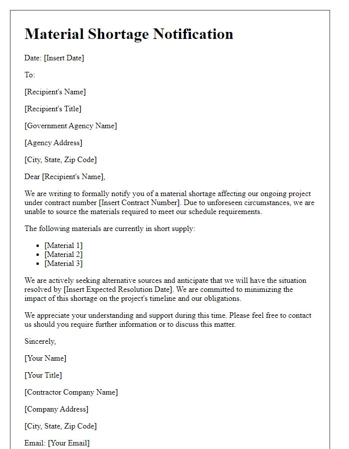 Letter template of contractor material shortage notification for governmental contracts