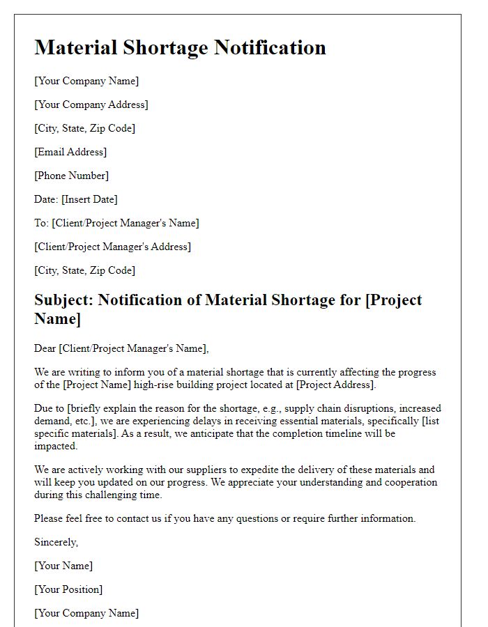 Letter template of contractor material shortage notification for high-rise buildings