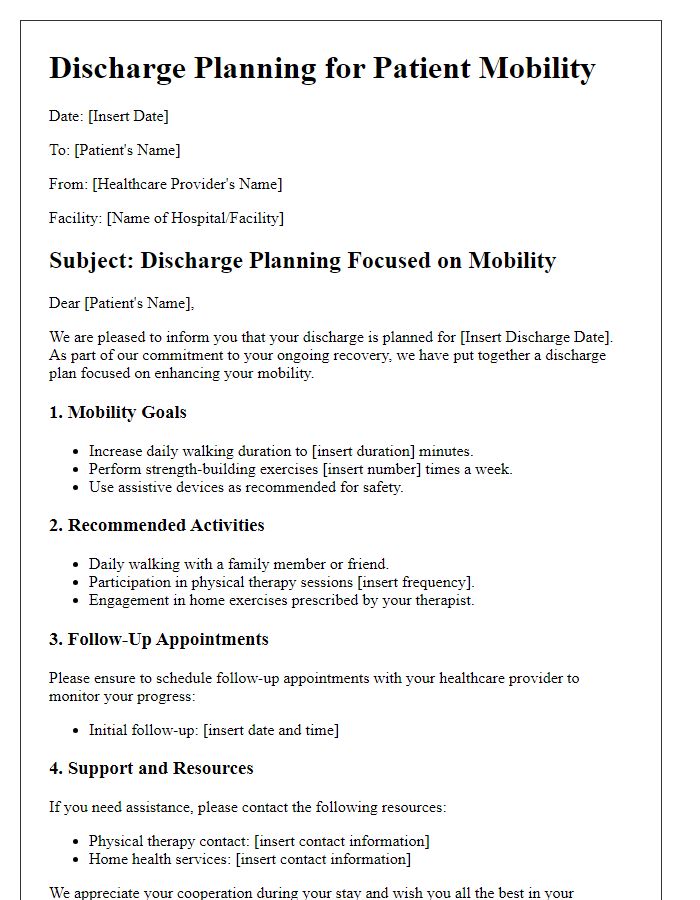 Letter template of discharge planning focusing on patient mobility