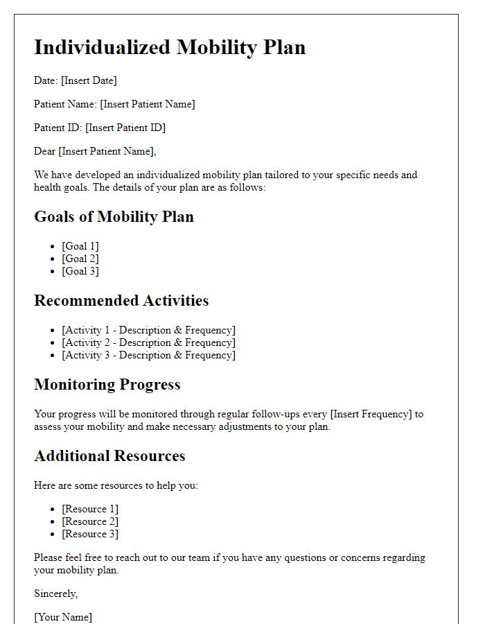 Letter template of individualized mobility plan for patients