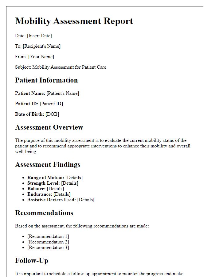 Letter template of mobility assessment for patient care