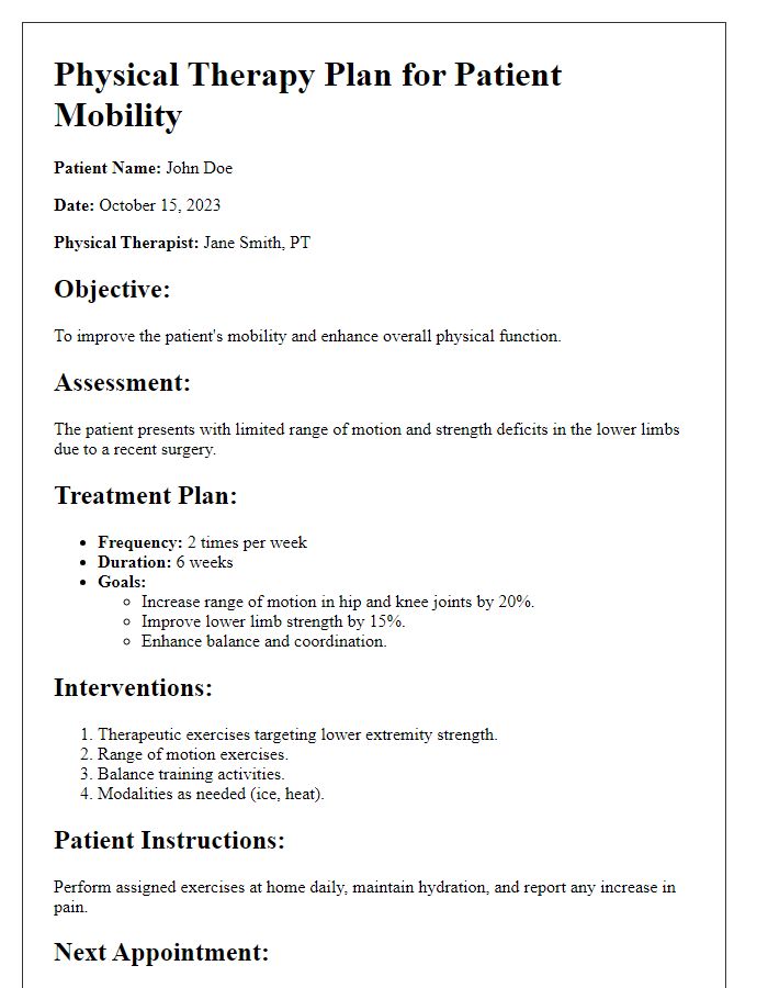 Letter template of physical therapy plan for patient mobility