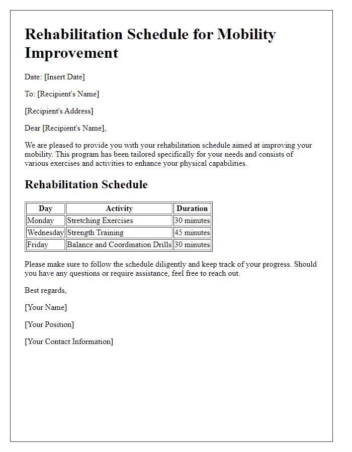 Letter template of rehabilitation schedule for mobility improvement