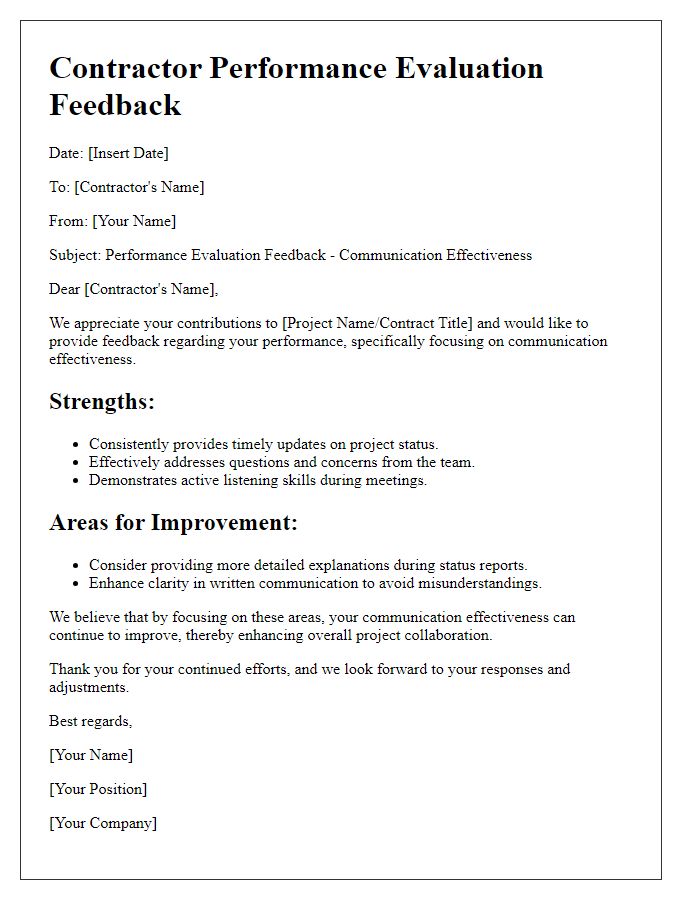 Letter template of contractor performance evaluation feedback for communication effectiveness.