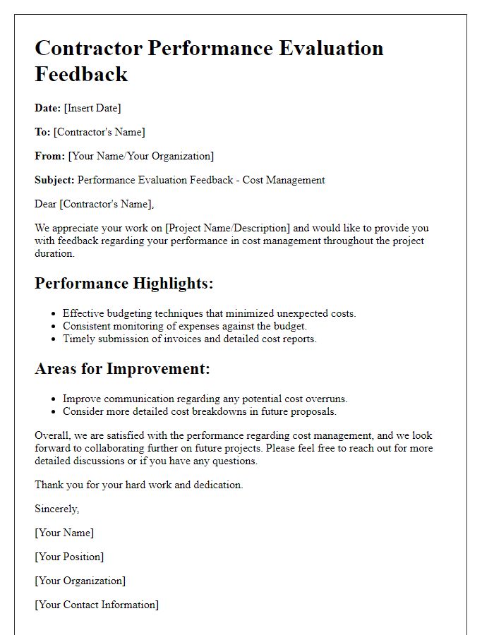 Letter template of contractor performance evaluation feedback for cost management.