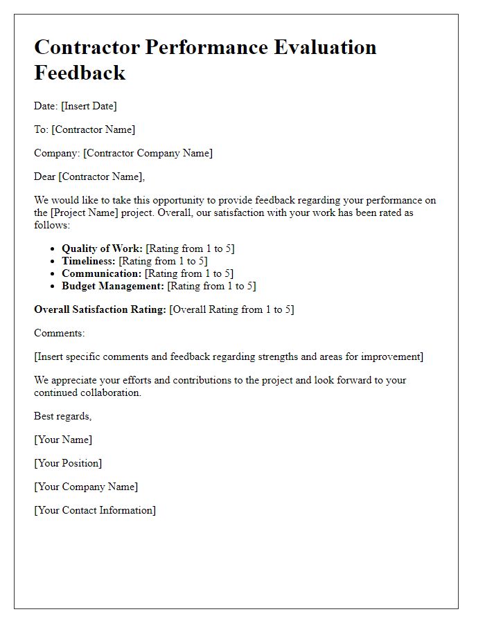 Letter template of contractor performance evaluation feedback for overall satisfaction.