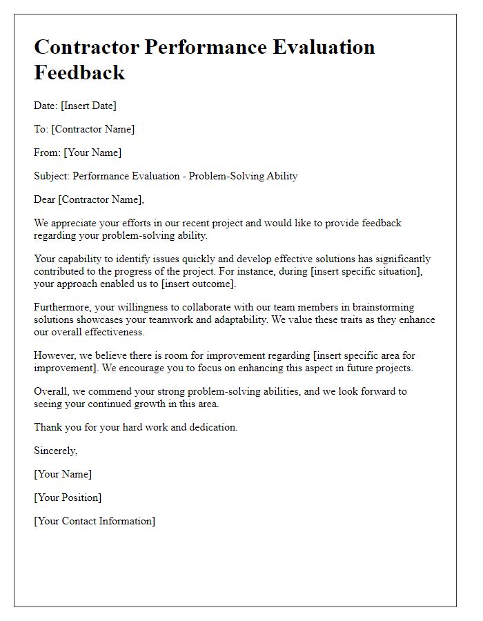 Letter template of contractor performance evaluation feedback for problem-solving ability.