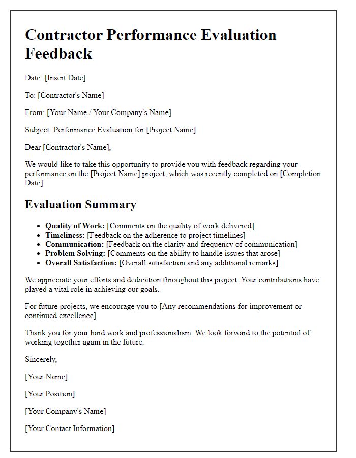 Letter template of contractor performance evaluation feedback for project completion.