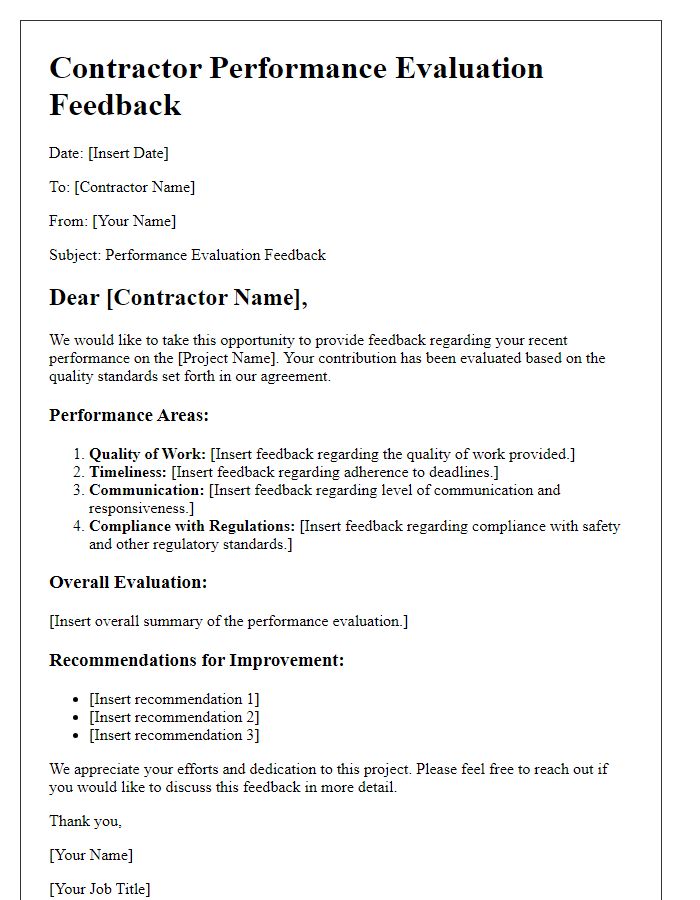 Letter template of contractor performance evaluation feedback for quality assurance.