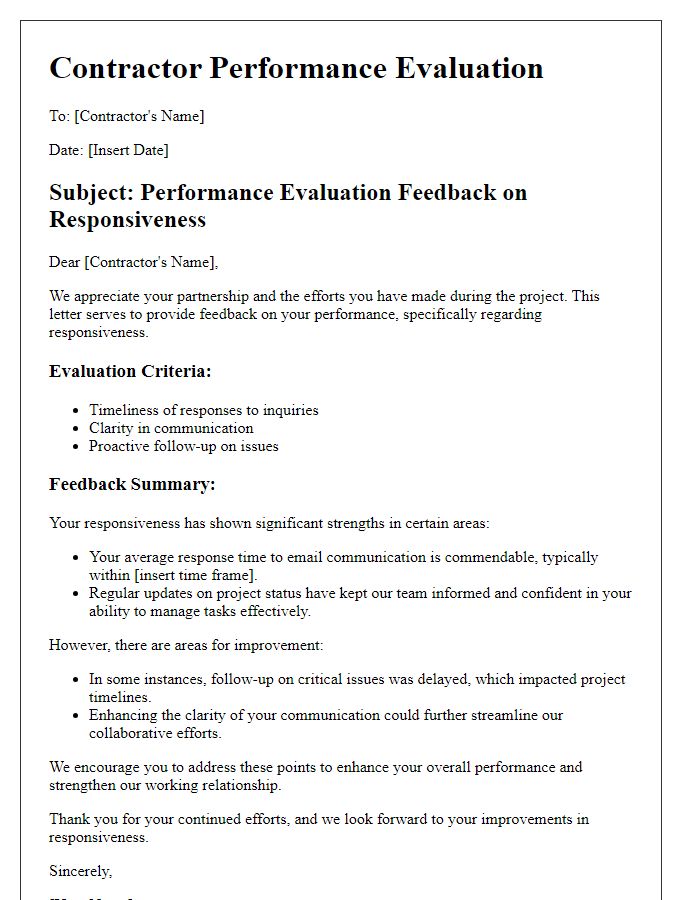 Letter template of contractor performance evaluation feedback for responsiveness.