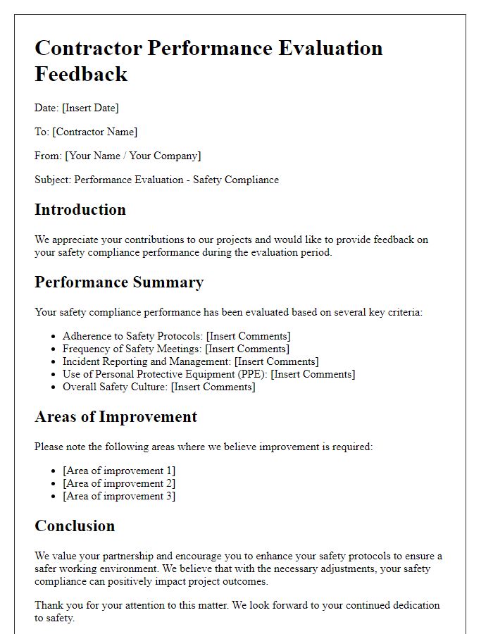 Letter template of contractor performance evaluation feedback for safety compliance.