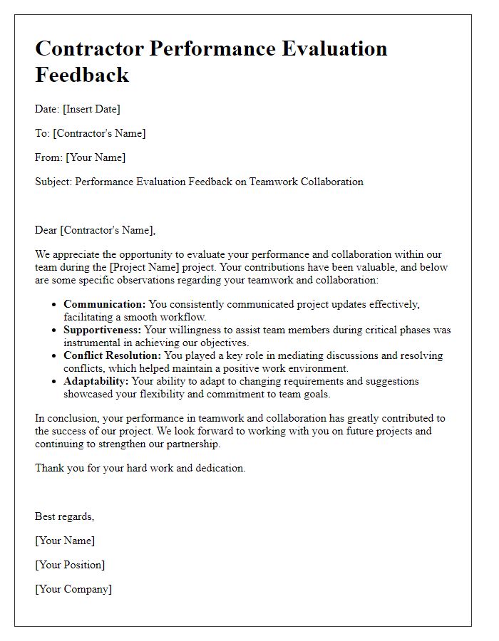 Letter template of contractor performance evaluation feedback for teamwork collaboration.