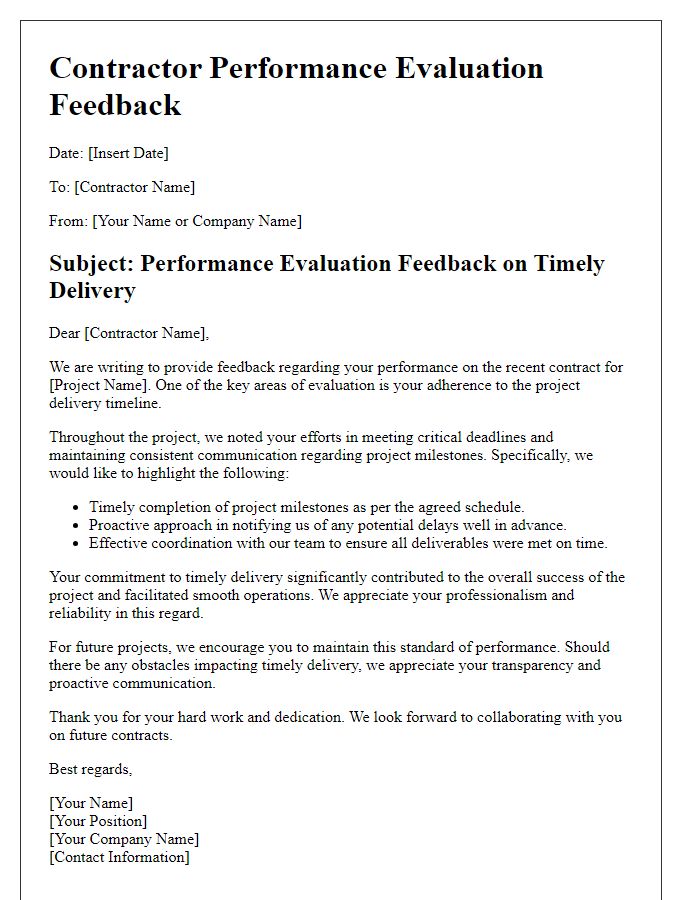 Letter template of contractor performance evaluation feedback for timely delivery.