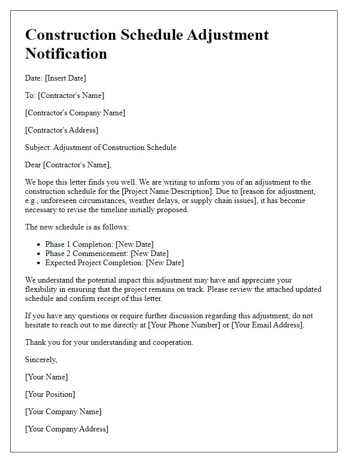 Letter template of construction schedule adjustment for contractor communication