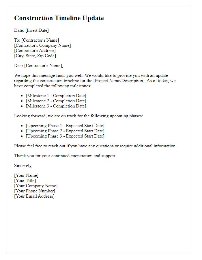 Letter template of construction timeline update for contractor