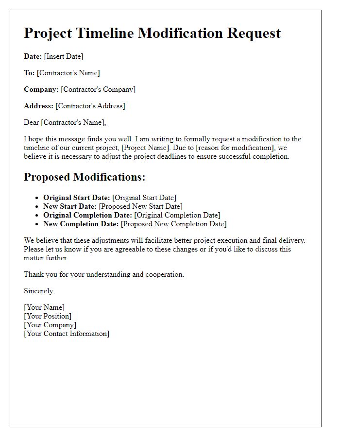 Letter template of contractor project timeline modification