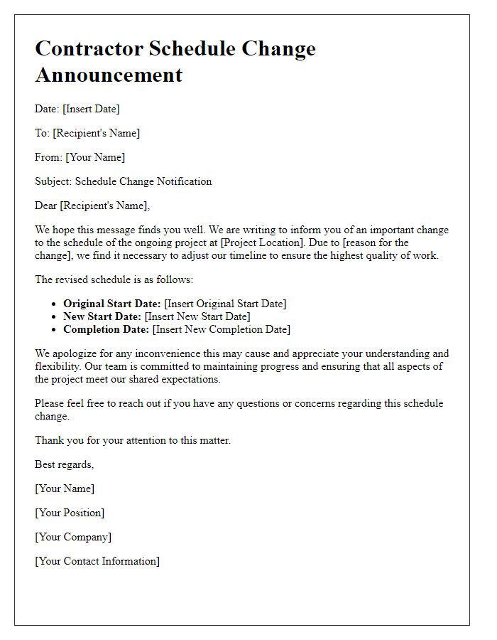 Letter template of contractor schedule change announcement
