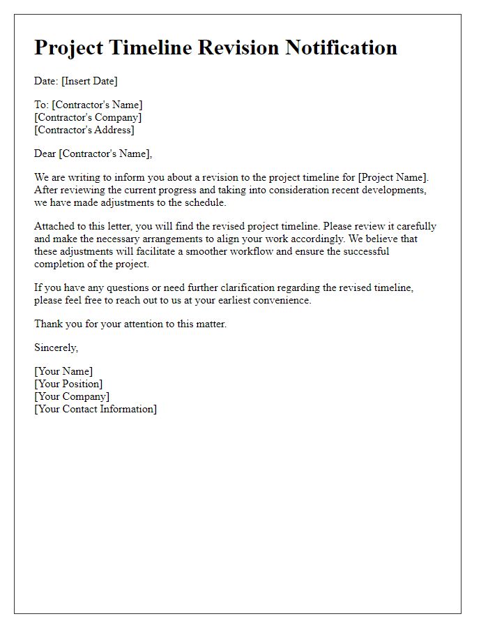 Letter template of project timeline revision for contractor notification