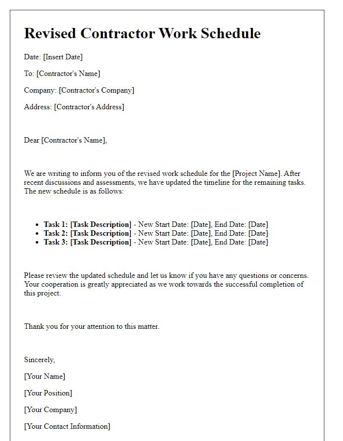 Letter template of revised contractor work schedule