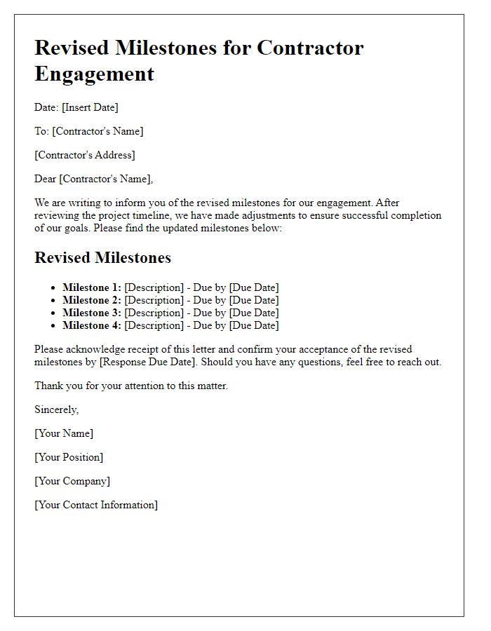 Letter template of revised milestones for contractor engagement